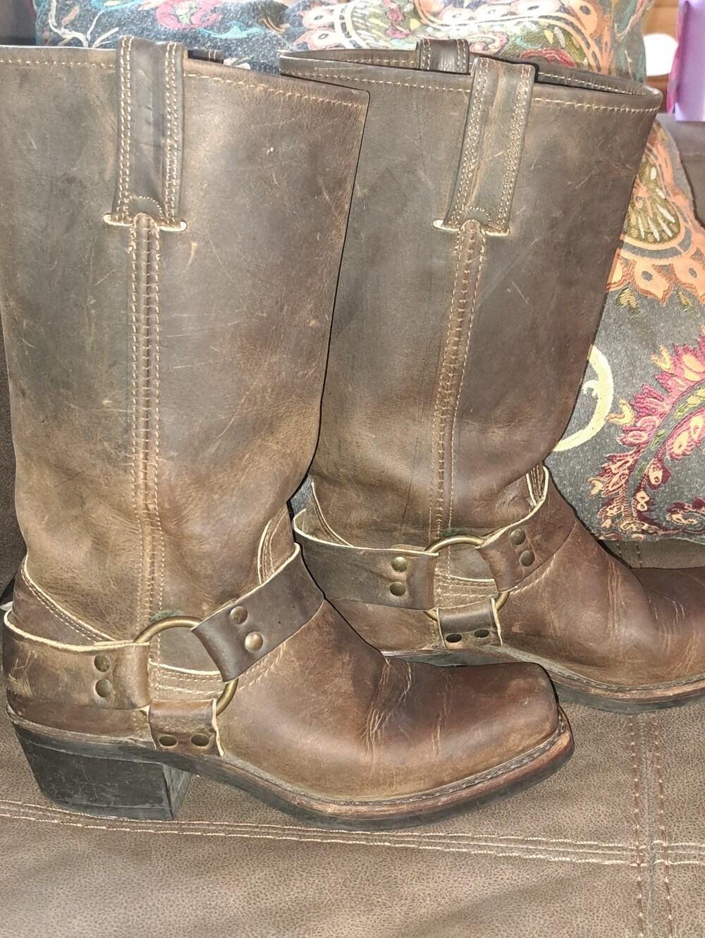 Frye Harness Boots Brown Leather Square Toe Biker Western Ranch 6.5